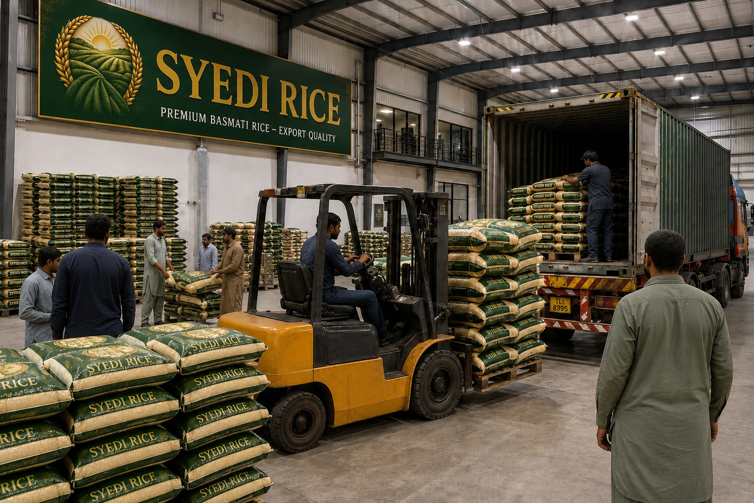 Syedi Rice warehouse with forklift loading containers