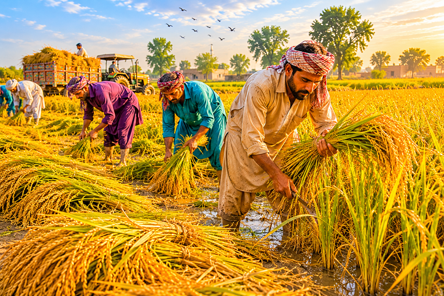 Workers hand harvesting Basmati rice in Pakistan's rice fields